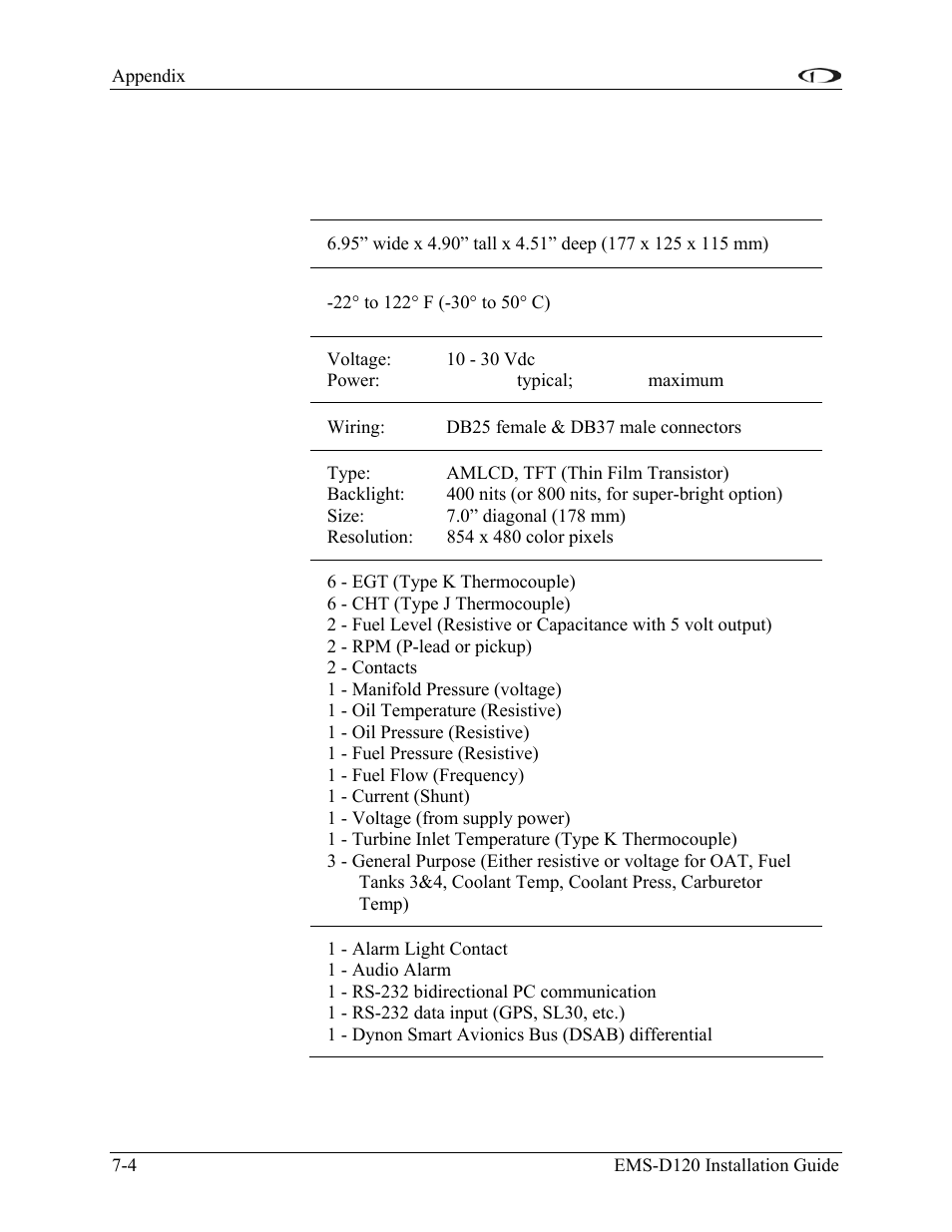 Appendix d: ems-d120 specifications, Appendix d: ems-d120 specifications -4 | Dynon Avionics EMS-D120 Installation Guide User Manual | Page 70 / 70