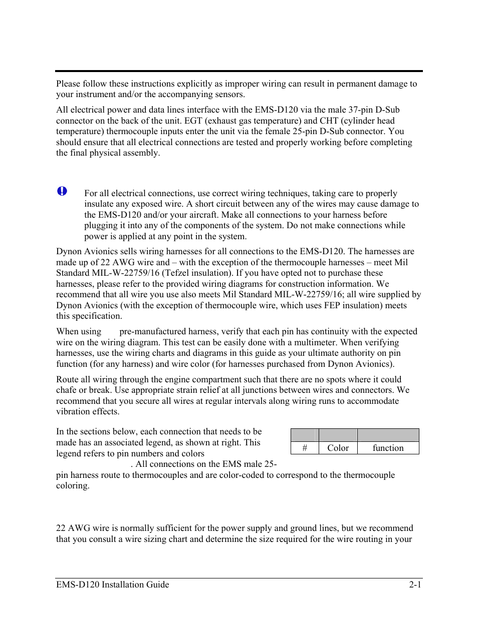 Wiring overview, Recommended wiring practices, Power requirements | Recommended wiring practices -1, Power requirements -1 | Dynon Avionics EMS-D120 Installation Guide User Manual | Page 9 / 70