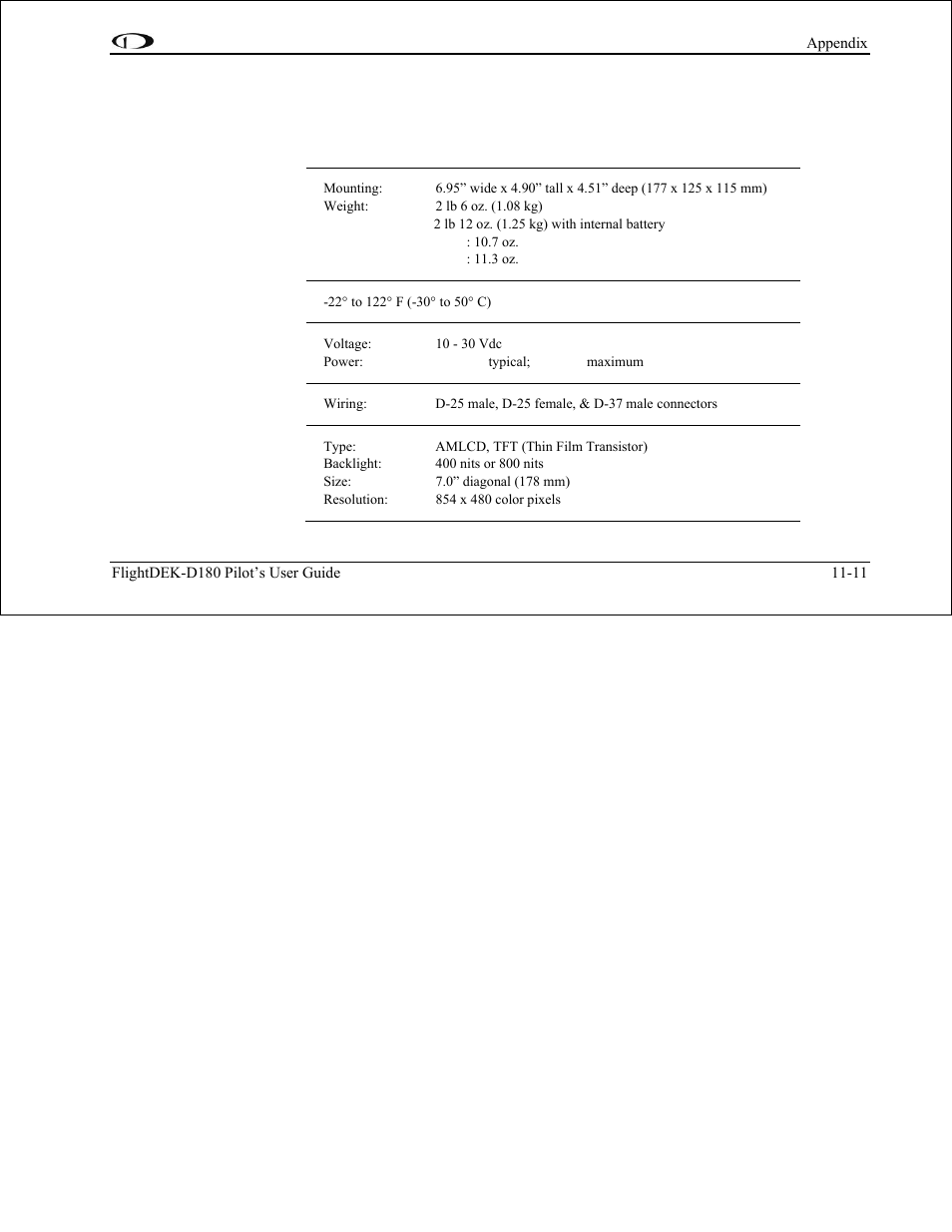 Appendix d: flightdek-d180 specifications, Appendix d: flightdek-d180 specifications -11 | Dynon Avionics FlightDEK-D180 Pilots Users Guide User Manual | Page 107 / 108