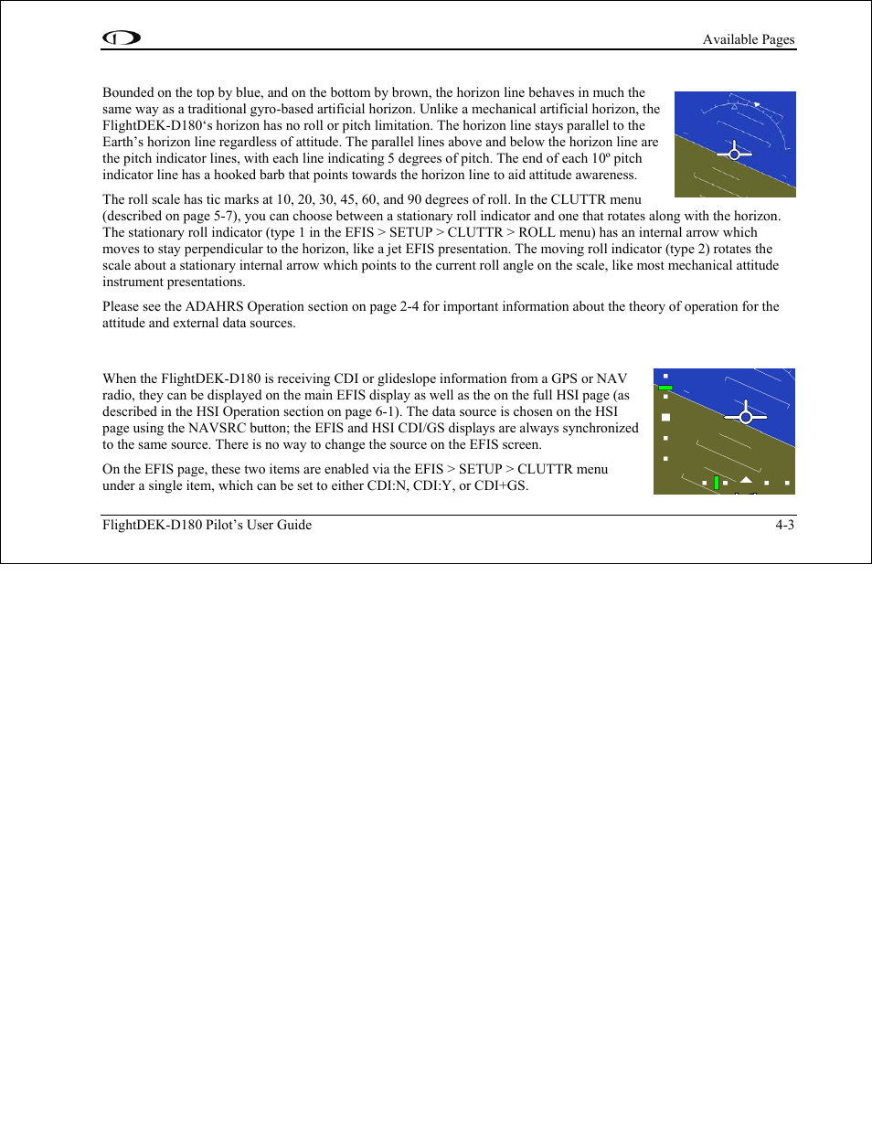 Horizon line, pitch and roll indicators, Cdi/glideslope indicators | Dynon Avionics FlightDEK-D180 Pilots Users Guide User Manual | Page 26 / 108