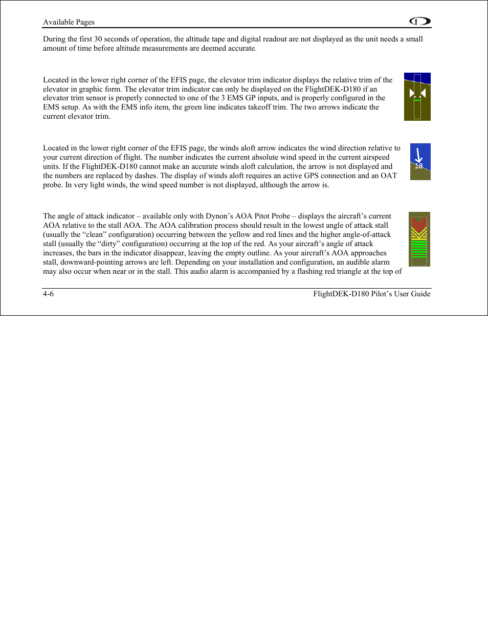 Elevator trim indicator, Winds aloft arrow, Angle of attack (aoa) indicator | Dynon Avionics FlightDEK-D180 Pilots Users Guide User Manual | Page 29 / 108