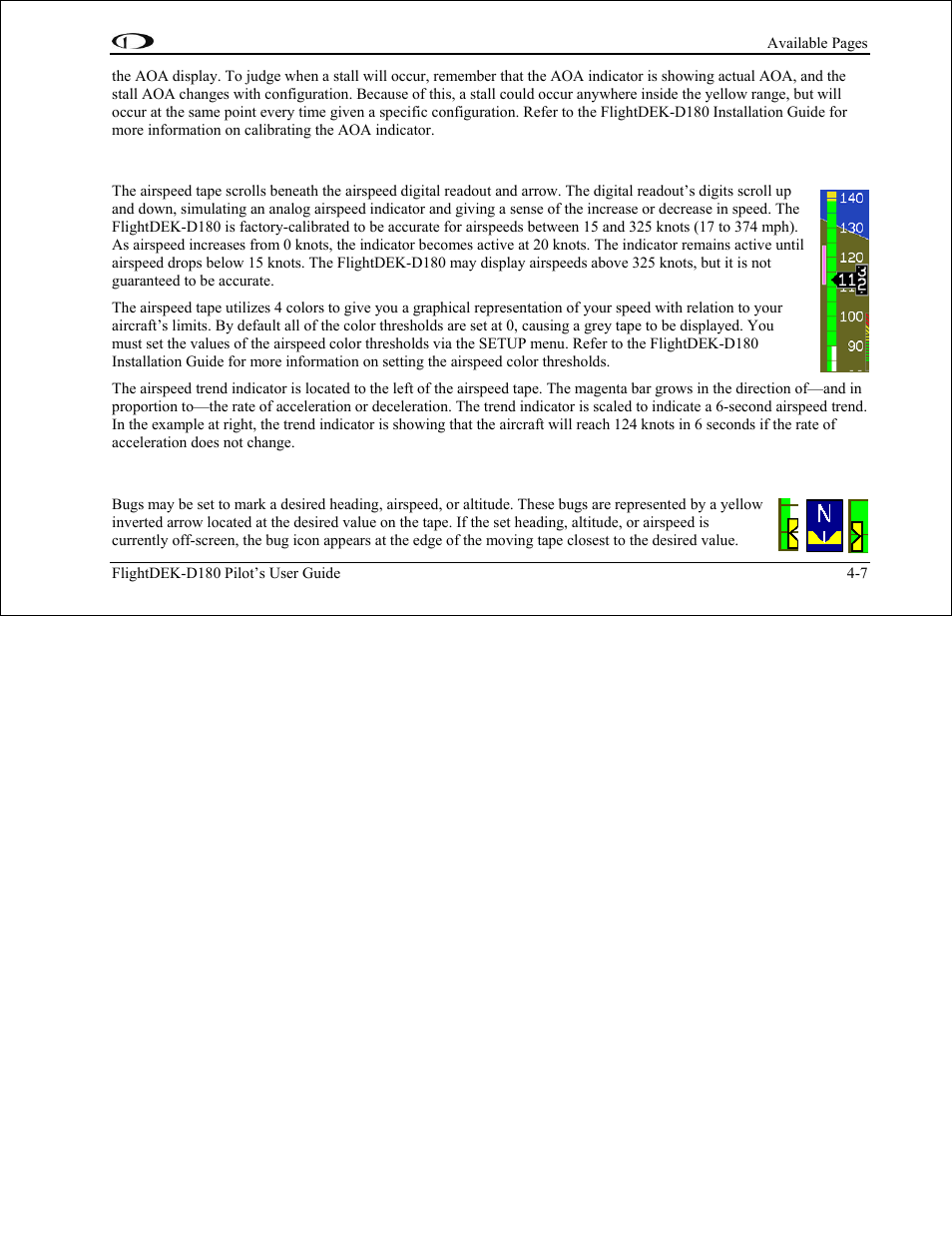 Airspeed tape, digital readout, and trend, Bugs | Dynon Avionics FlightDEK-D180 Pilots Users Guide User Manual | Page 30 / 108