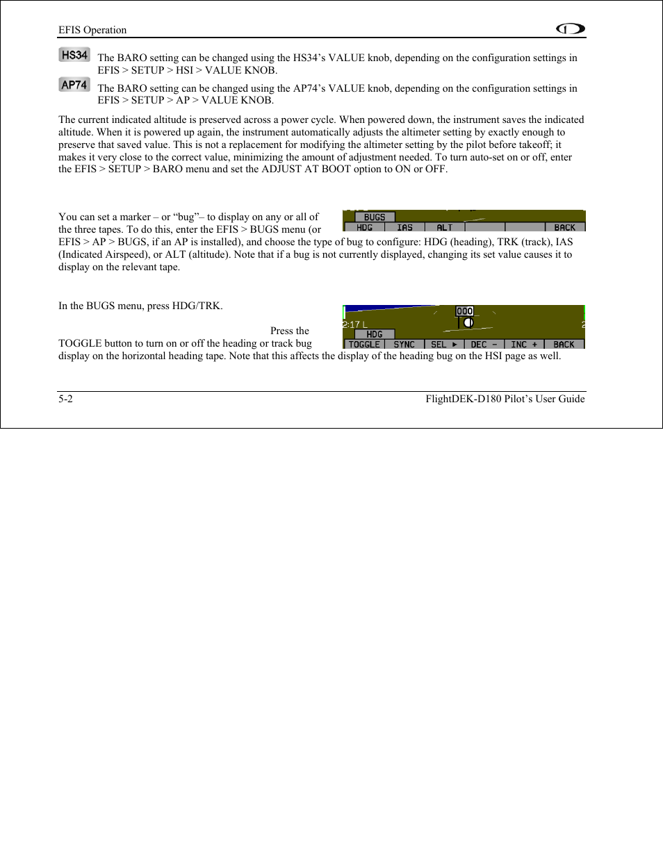 Bugs – setting bug markers, Heading / track, Bugs – setting bug markers -2 | Alerter; see bugs – setting bug markers on | Dynon Avionics FlightDEK-D180 Pilots Users Guide User Manual | Page 39 / 108