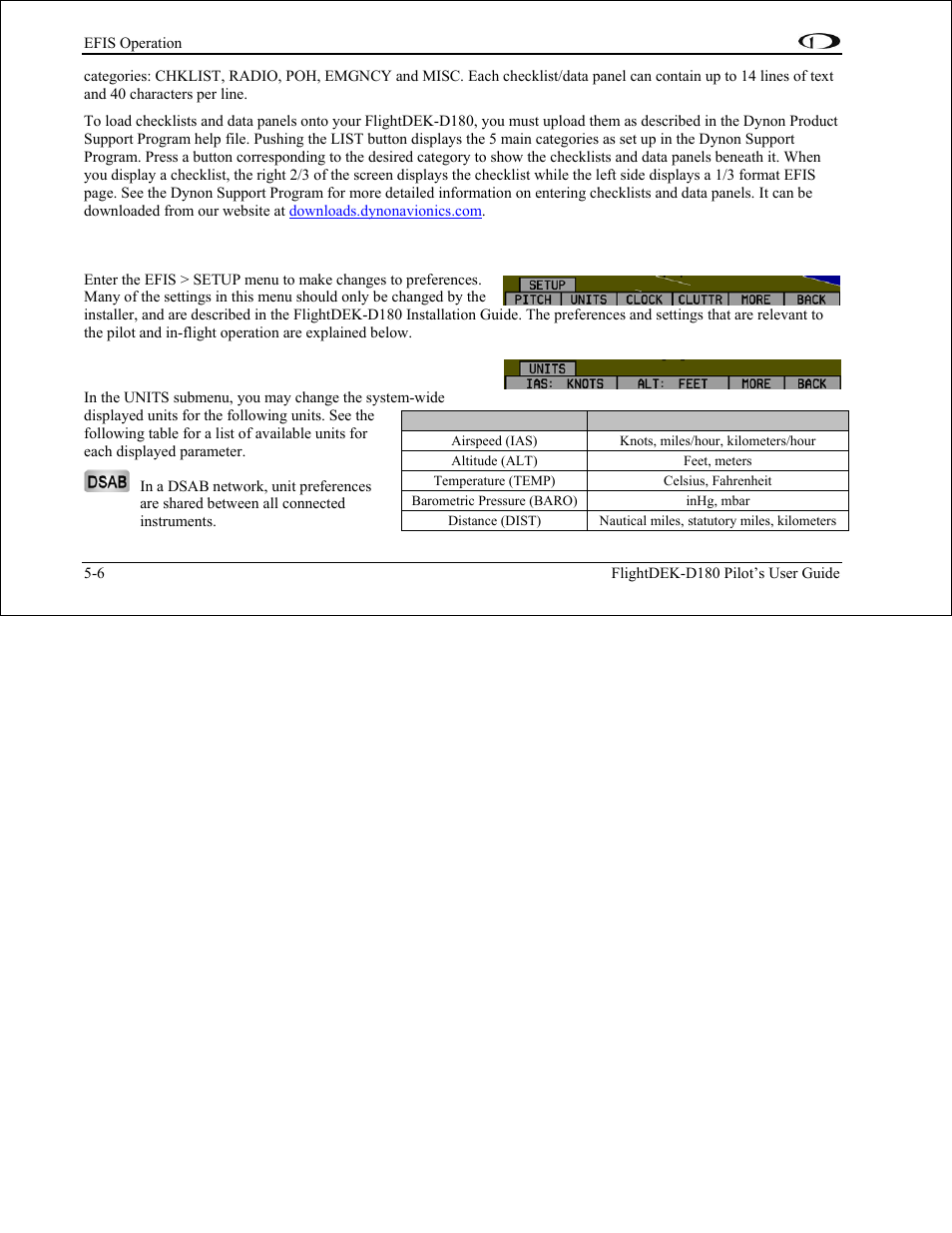 Setup – setting preferences, Change displayed units, Setup – setting preferences -6 | Dynon Avionics FlightDEK-D180 Pilots Users Guide User Manual | Page 43 / 108