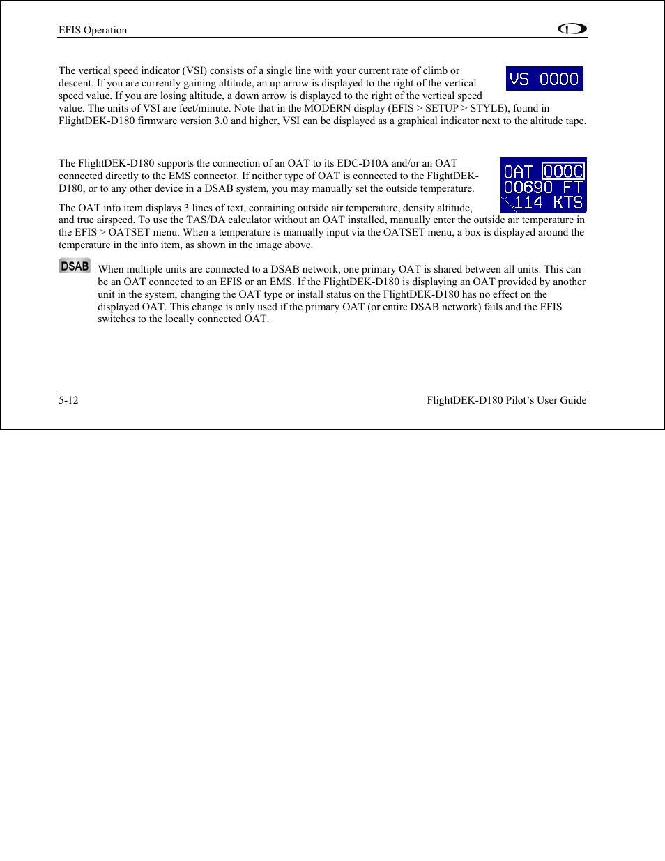 Vsi (rate of climb), Oat (outside air temperature) | Dynon Avionics FlightDEK-D180 Pilots Users Guide User Manual | Page 49 / 108