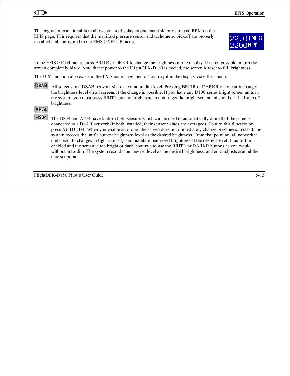 Engine (manifold pressure and rpm), Dim – changing screen brightness, Dim – changing screen brightness -13 | Dynon Avionics FlightDEK-D180 Pilots Users Guide User Manual | Page 50 / 108