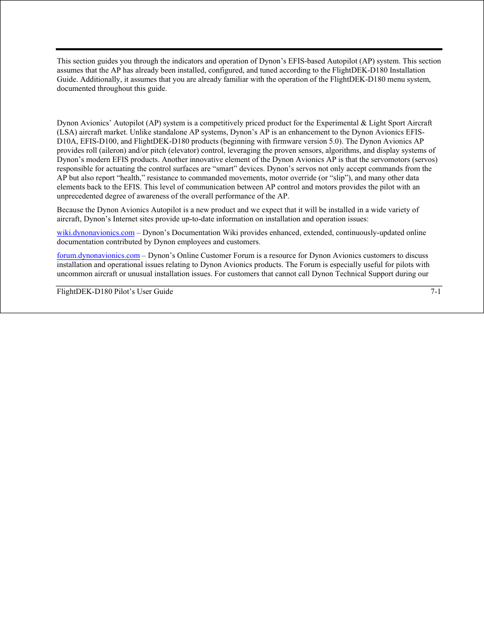 Autopilot operation, Introduction and resources, Introduction and resources -1 | See autopilot operation, See autopilot operation on, Ge 7-1 | Dynon Avionics FlightDEK-D180 Pilots Users Guide User Manual | Page 63 / 108