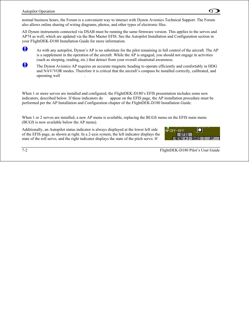 Efis ap indicators, Ap menu and status indicator (lower left corner), Efis ap indicators -2 | Dynon Avionics FlightDEK-D180 Pilots Users Guide User Manual | Page 64 / 108