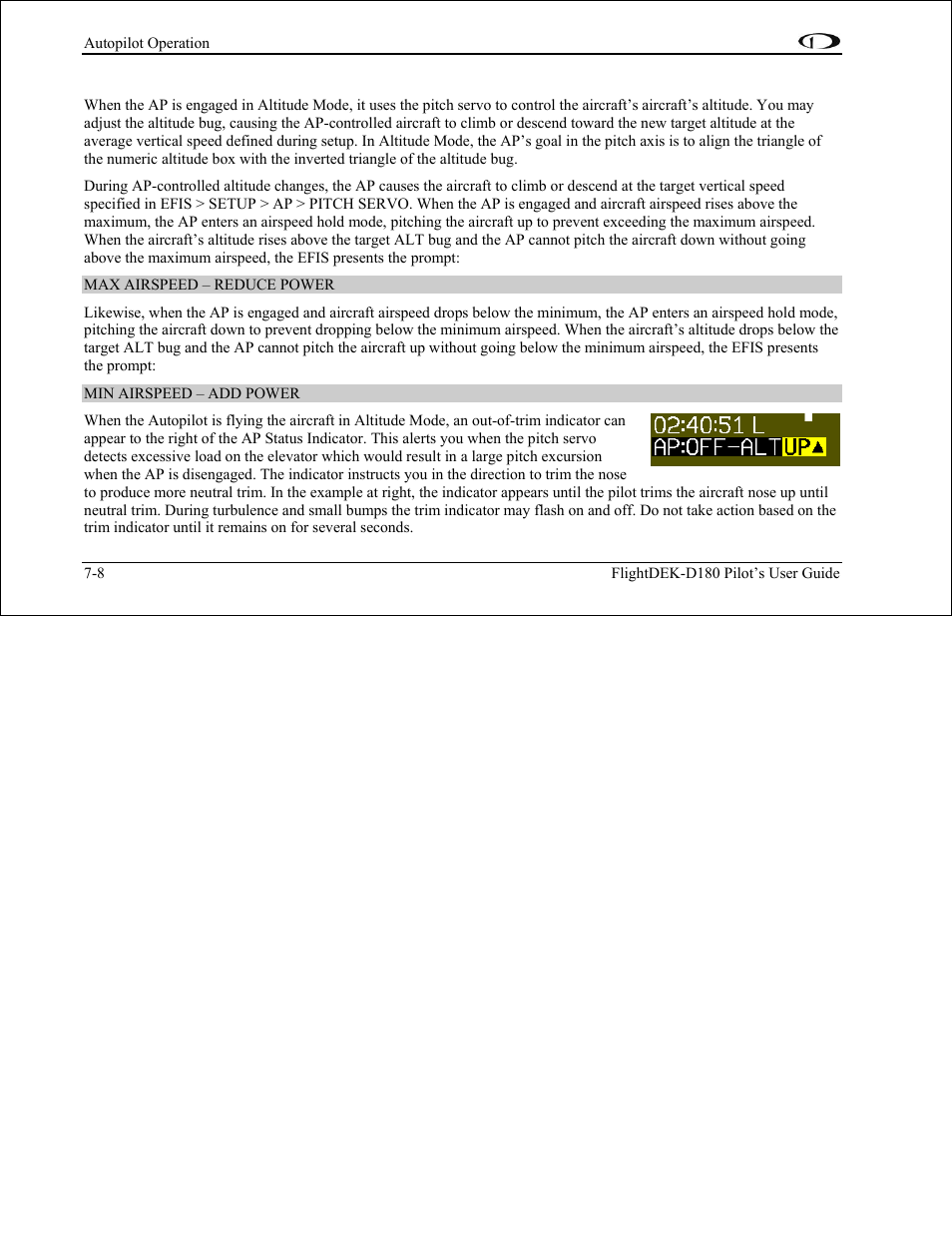 Alt: altitude mode – pitch servo | Dynon Avionics FlightDEK-D180 Pilots Users Guide User Manual | Page 70 / 108