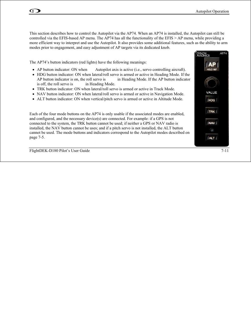 Ap74 autopilot control, Ap74 indicators, Ap74 controls | Ap74 autopilot control -11 | Dynon Avionics FlightDEK-D180 Pilots Users Guide User Manual | Page 73 / 108