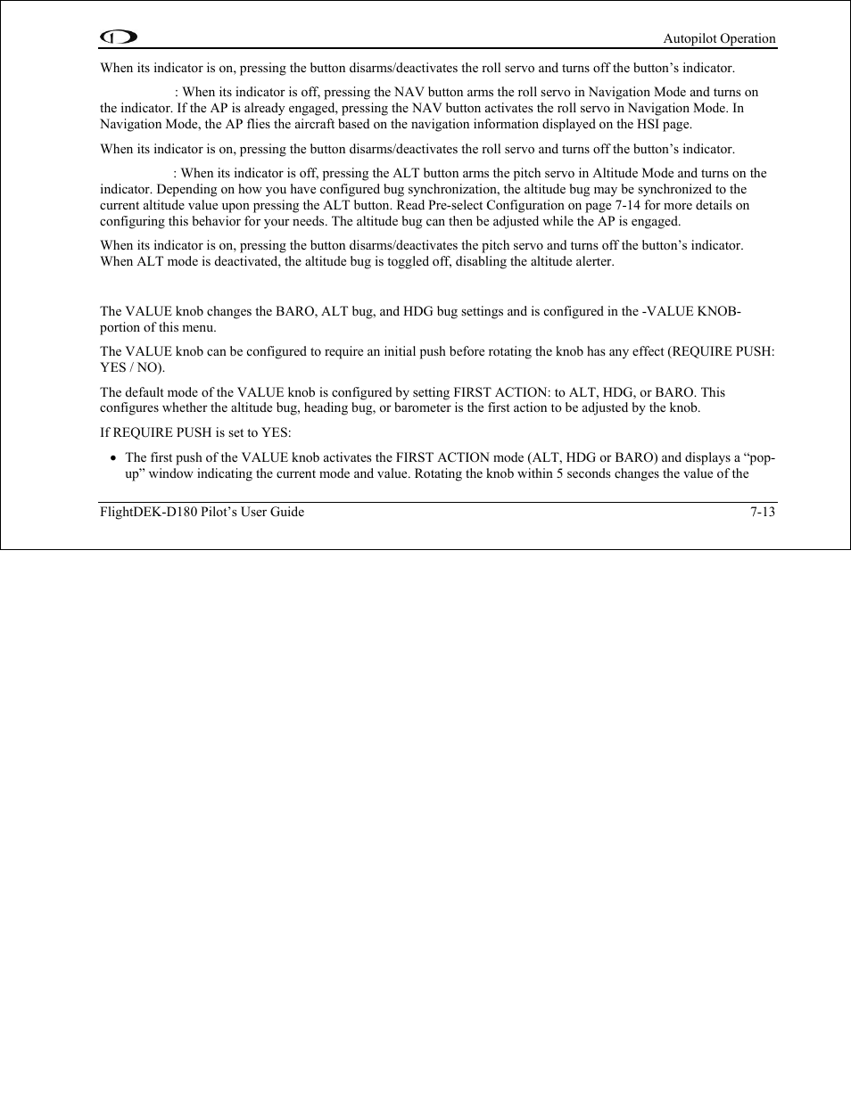 Value knob configuration | Dynon Avionics FlightDEK-D180 Pilots Users Guide User Manual | Page 75 / 108