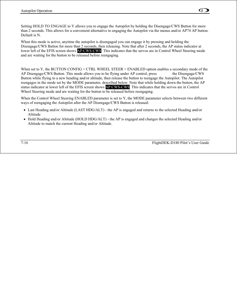 Hold to engage, Control wheel steering | Dynon Avionics FlightDEK-D180 Pilots Users Guide User Manual | Page 78 / 108