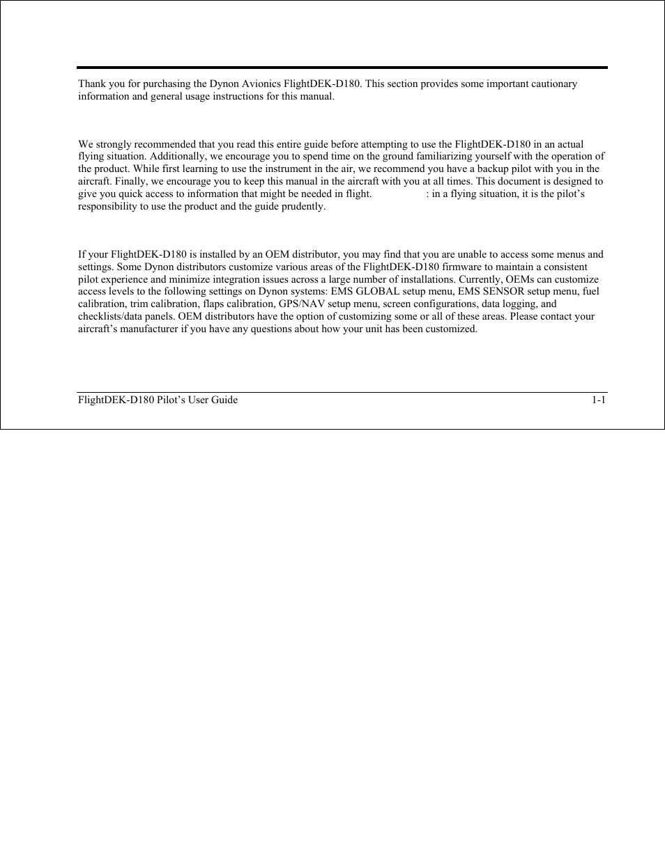 Introduction, Before you fly, Oem installations | Before you fly -1, Oem installations -1 | Dynon Avionics FlightDEK-D180 Pilots Users Guide User Manual | Page 8 / 108