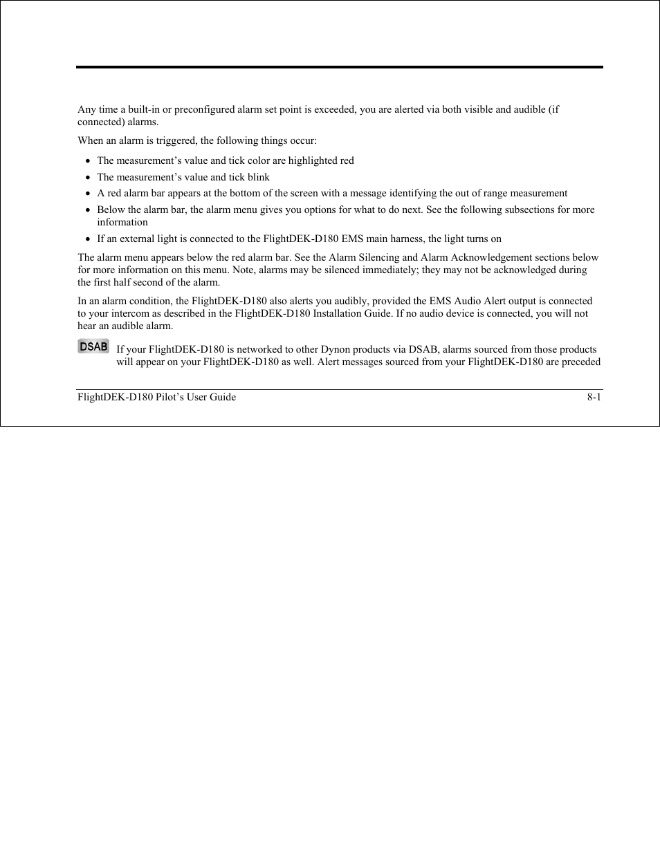 Alerts, Alarm indicators, Alarm indicators -1 | Dynon Avionics FlightDEK-D180 Pilots Users Guide User Manual | Page 80 / 108