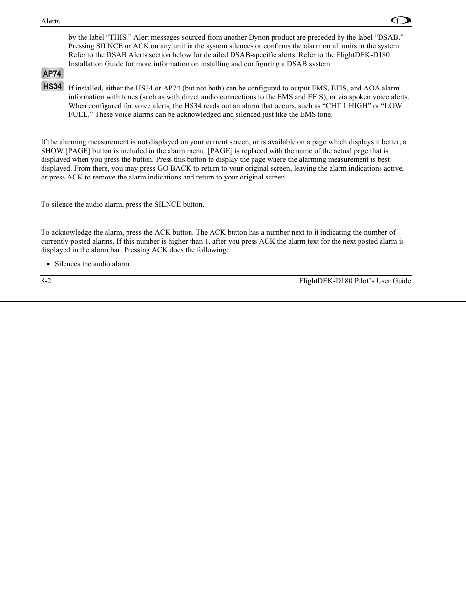 Alarm silencing, Alarm acknowledgement | Dynon Avionics FlightDEK-D180 Pilots Users Guide User Manual | Page 81 / 108