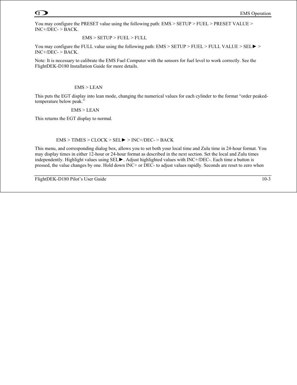 Engine leaning, Clock setup, Engine leaning -3 | Clock setup -3 | Dynon Avionics FlightDEK-D180 Pilots Users Guide User Manual | Page 92 / 108
