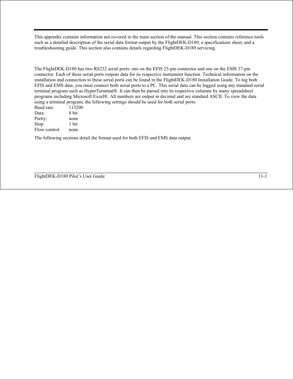 Appendix, Appendix a: serial data output, Appendix a: serial data output -1 | Dynon Avionics FlightDEK-D180 Pilots Users Guide User Manual | Page 97 / 108
