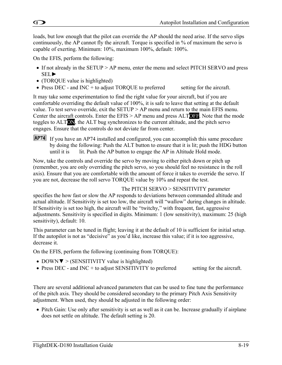 Advanced pitch gain and rate adjustments | Dynon Avionics FlightDEK-D180 Installation Guide User Manual | Page 103 / 154