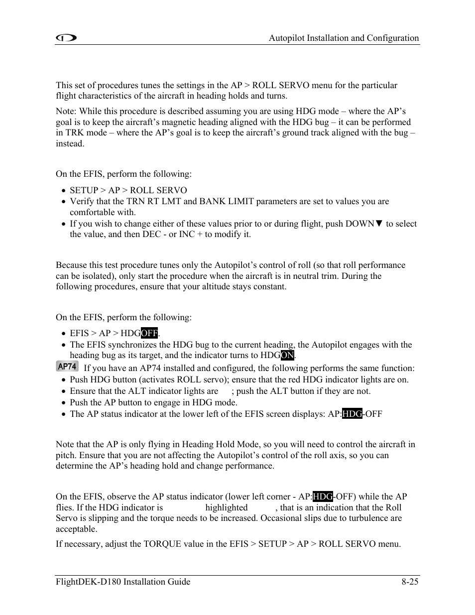 Step 8 – roll servo flight tuning | Dynon Avionics FlightDEK-D180 Installation Guide User Manual | Page 109 / 154