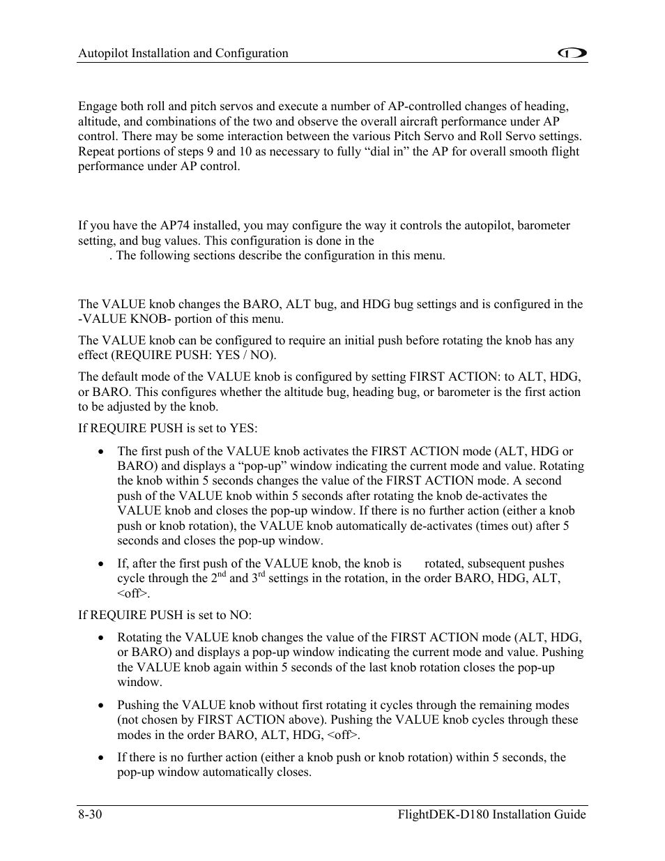 Step 10 – verify overall ap performance, Ap74 configuration, Value knob configuration | Ap74 configuration -30 | Dynon Avionics FlightDEK-D180 Installation Guide User Manual | Page 114 / 154