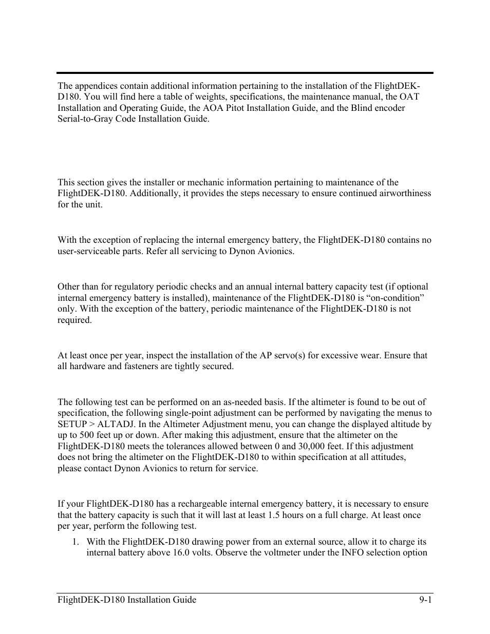 Appendix, Introduction, Caution | Instructions for continued airworthiness, Ap servo installation, Altimeter check, Internal battery check | Dynon Avionics FlightDEK-D180 Installation Guide User Manual | Page 117 / 154