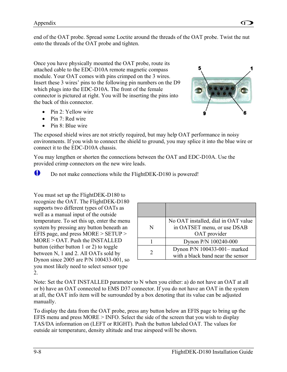 Wiring instructions, Oat/tas/da display | Dynon Avionics FlightDEK-D180 Installation Guide User Manual | Page 124 / 154