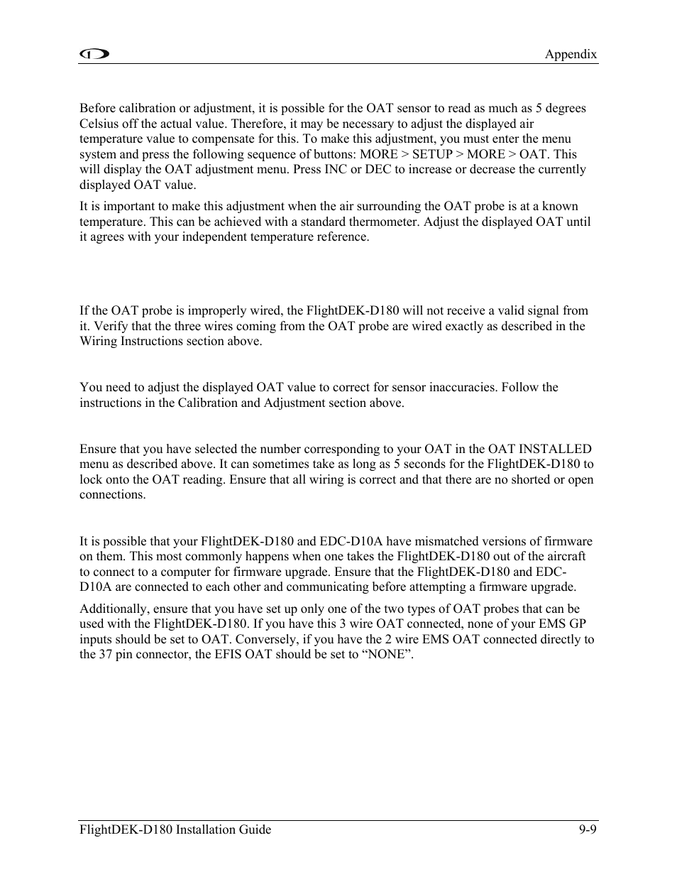 Calibration and adjustment, Troubleshooting, Oat value fluctuates wildly | Oat value is consistently high/low, Oat display area states oat not found, Other strange behavior by oat reading | Dynon Avionics FlightDEK-D180 Installation Guide User Manual | Page 125 / 154