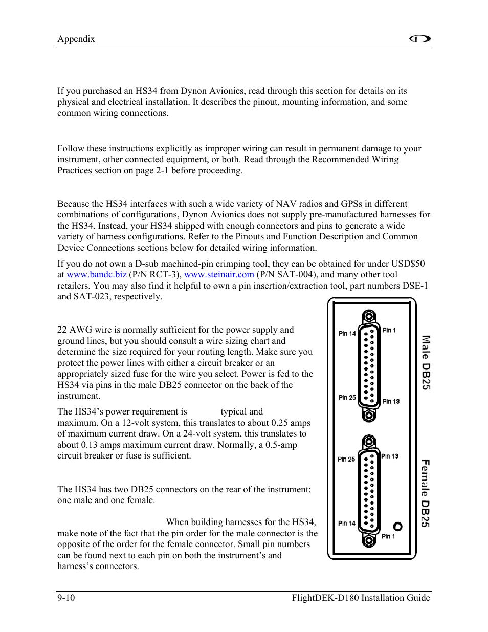 Appendix c: hs34 installation and configuration, Wiring, Harness construction | Power requirements, Connector description | Dynon Avionics FlightDEK-D180 Installation Guide User Manual | Page 126 / 154