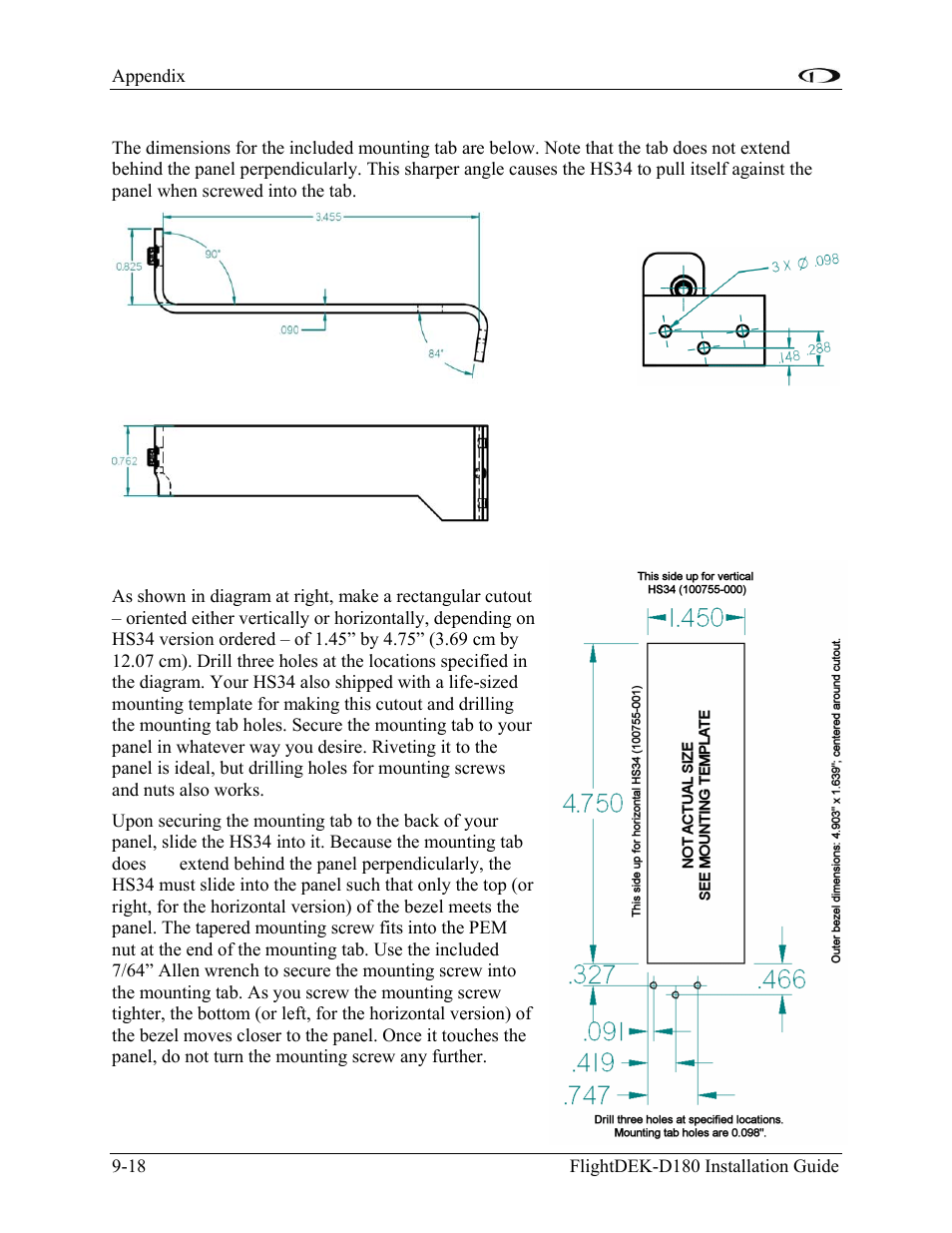 Mounting tab dimensions, Hs34 mounting | Dynon Avionics FlightDEK-D180 Installation Guide User Manual | Page 134 / 154