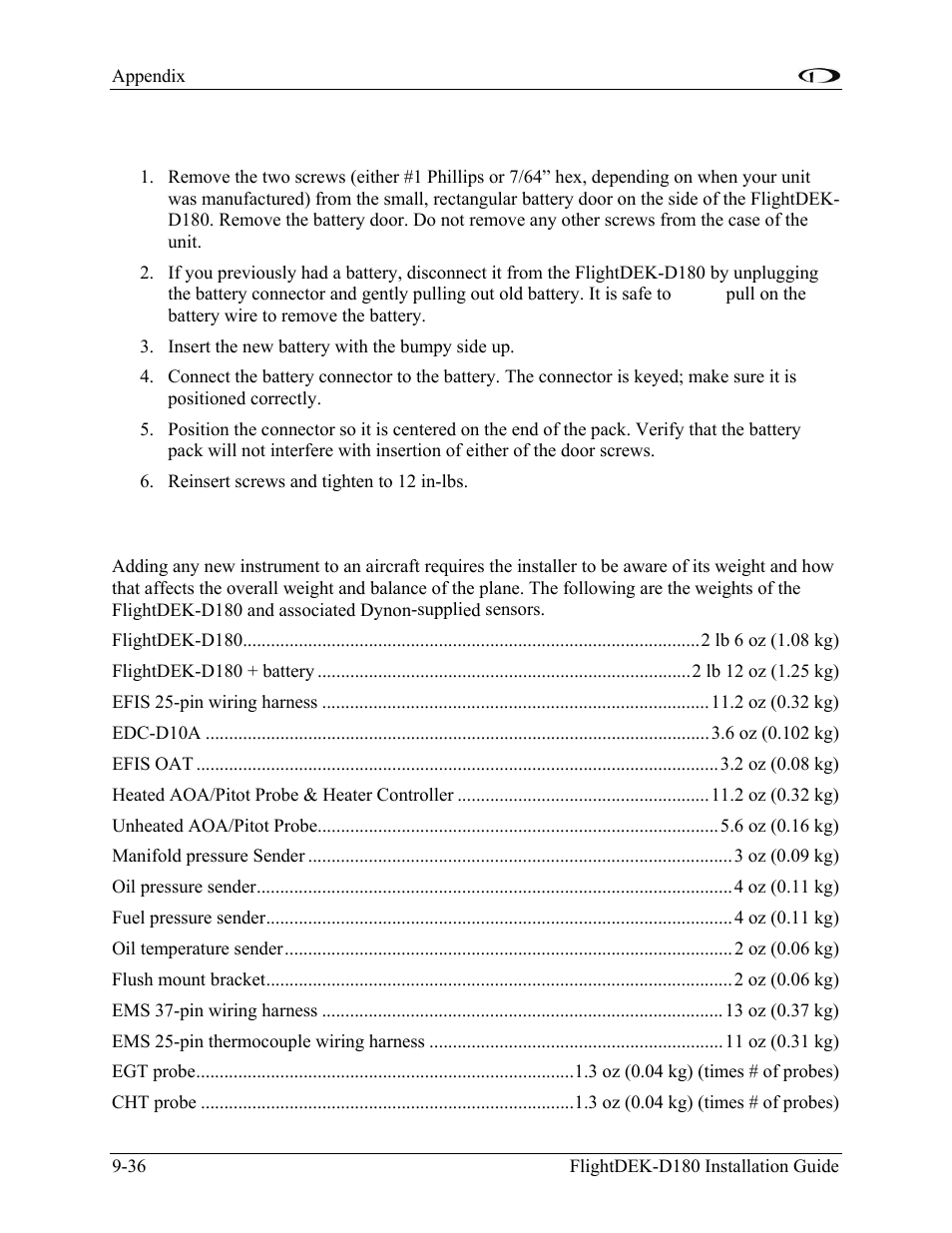Appendix h: weights, Appendix h: weights -36 | Dynon Avionics FlightDEK-D180 Installation Guide User Manual | Page 152 / 154