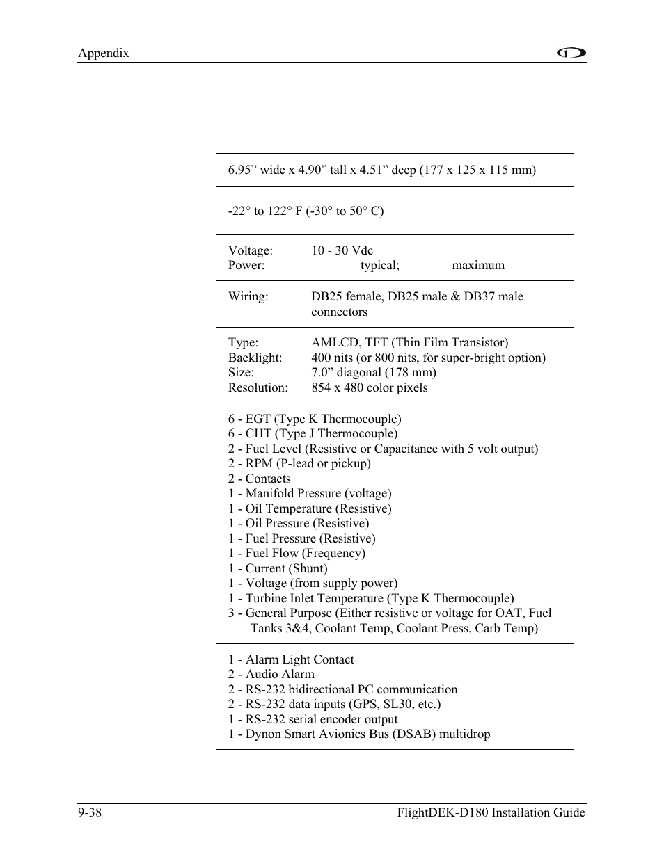 Appendix i: flightdek-d180 specifications, Appendix i: flightdek-d180 specifications -38 | Dynon Avionics FlightDEK-D180 Installation Guide User Manual | Page 154 / 154