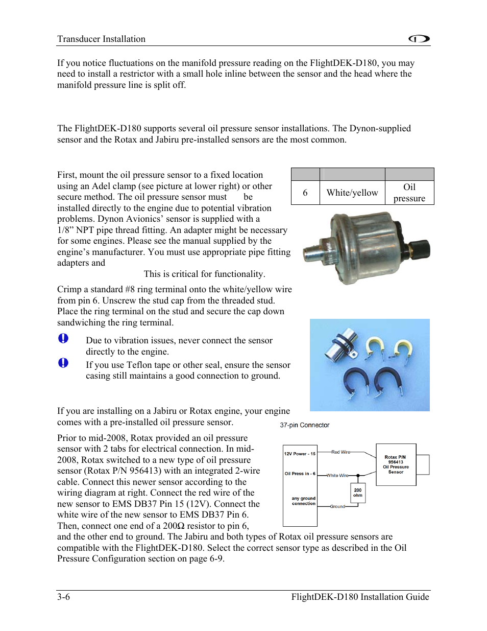 Oil pressure sensor, Dynon-supplied oil pressure sensor, Jabiru and rotax oil pressure | Oil pressure sensor -6 | Dynon Avionics FlightDEK-D180 Installation Guide User Manual | Page 24 / 154