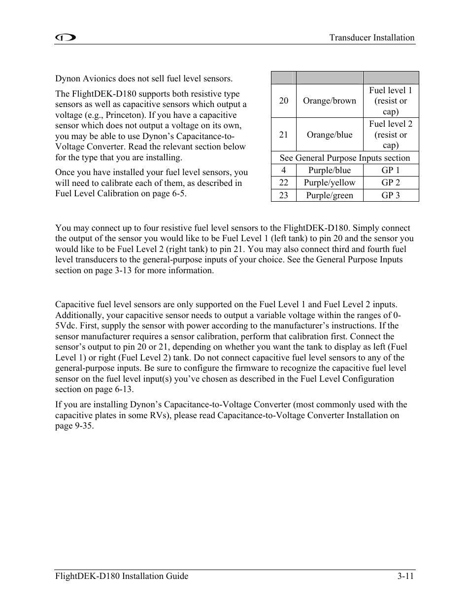 Fuel level sensor, Resistive fuel level sensor, Capacitive fuel level sensor | Fuel level sensor -11 | Dynon Avionics FlightDEK-D180 Installation Guide User Manual | Page 29 / 154