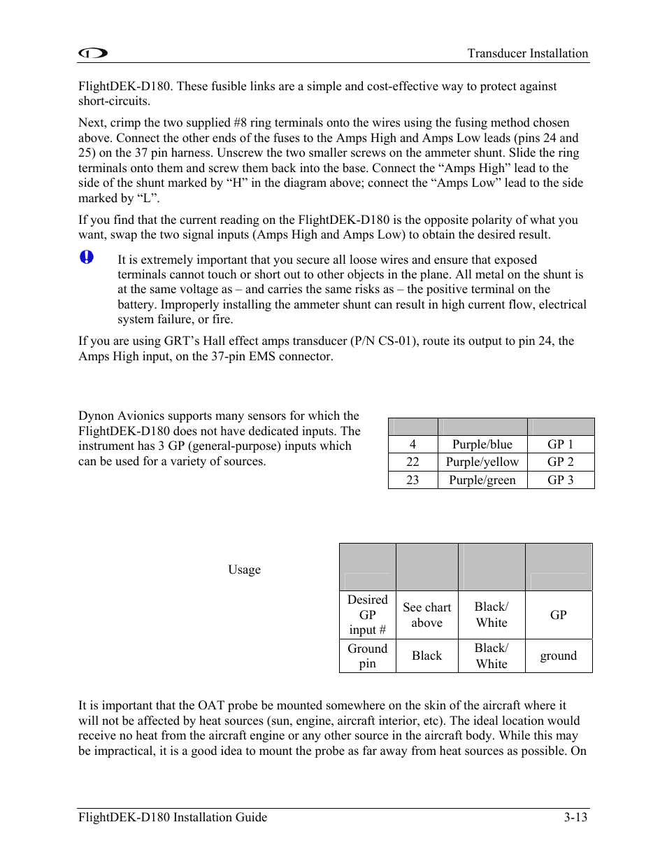 General purpose inputs, Outside air temperature sensor, Mount location | General purpose inputs -13, Your choice. see the general purpose inputs | Dynon Avionics FlightDEK-D180 Installation Guide User Manual | Page 31 / 154