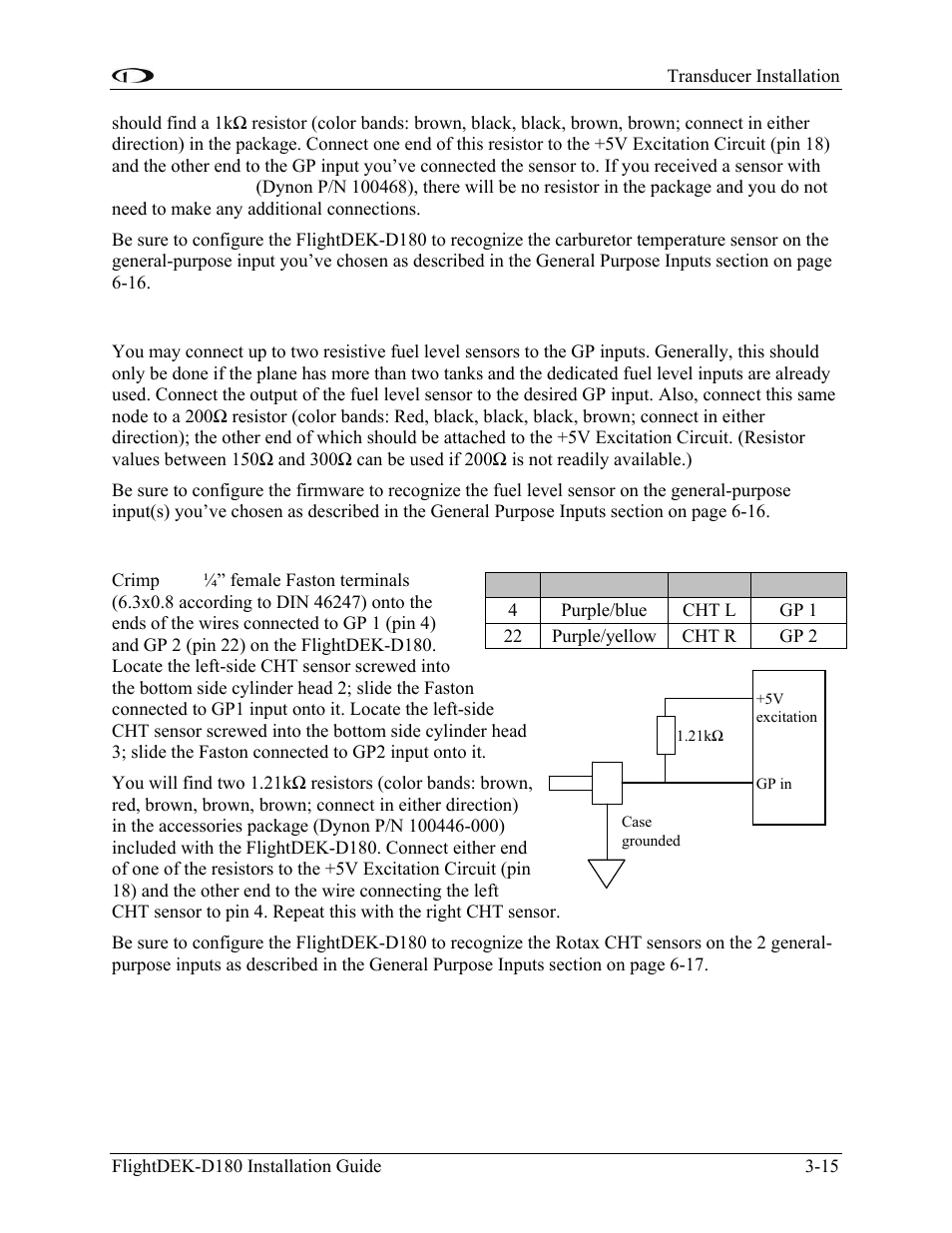 Fuel level (resistive) sensors, Rotax cht sensors | Dynon Avionics FlightDEK-D180 Installation Guide User Manual | Page 33 / 154