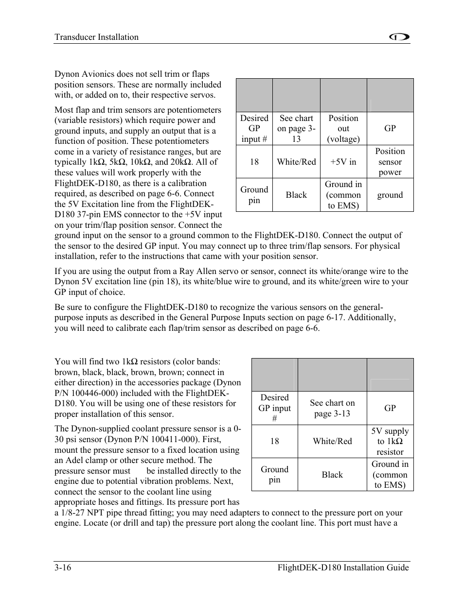 Trim and flaps position potentiometers, Coolant pressure sensor | Dynon Avionics FlightDEK-D180 Installation Guide User Manual | Page 34 / 154