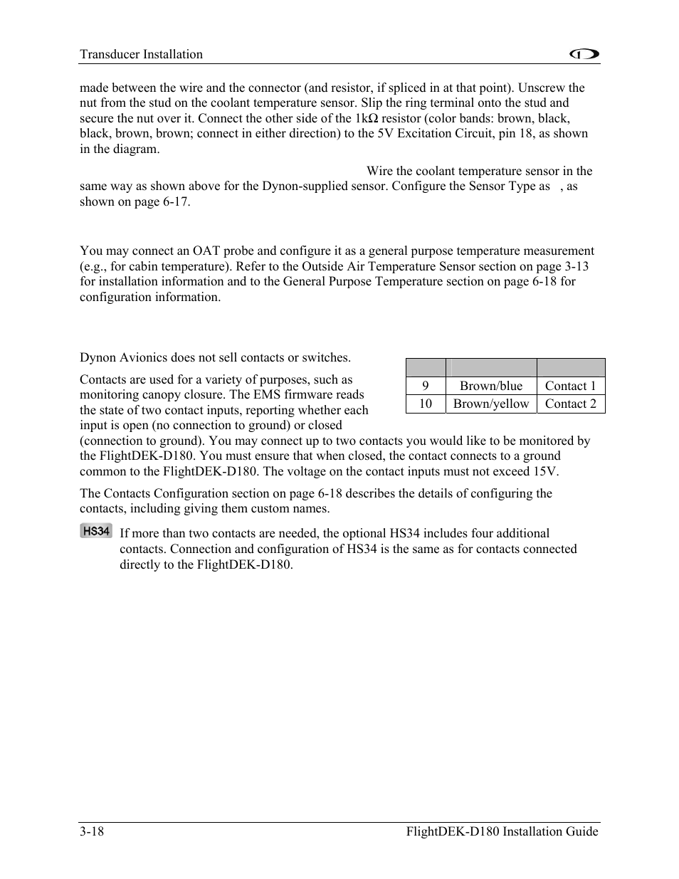 General purpose temperature sensor, Contacts, Contacts -18 | Dynon Avionics FlightDEK-D180 Installation Guide User Manual | Page 36 / 154