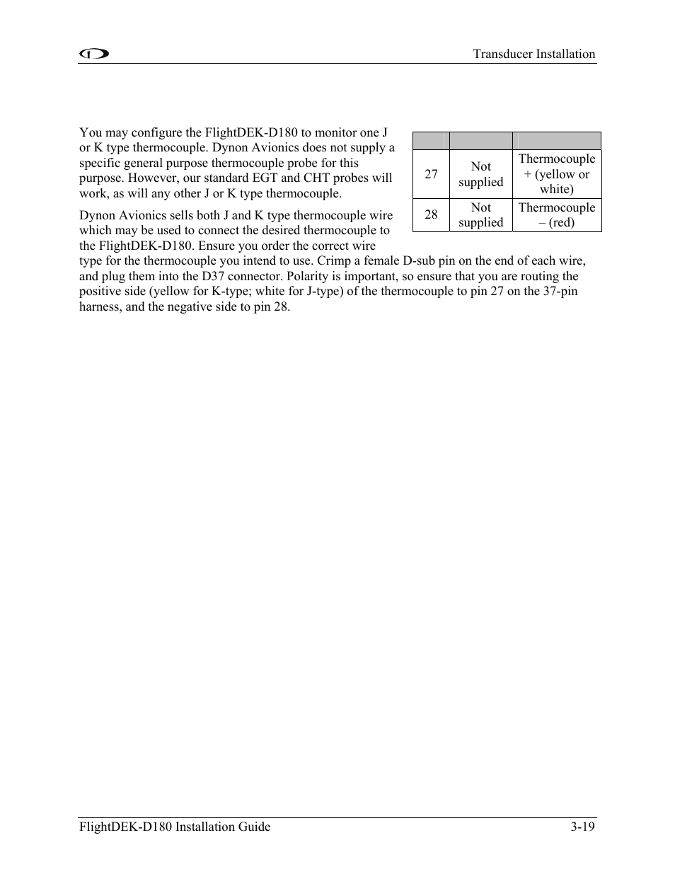 General purpose thermocouple, General purpose thermocouple -19 | Dynon Avionics FlightDEK-D180 Installation Guide User Manual | Page 37 / 154