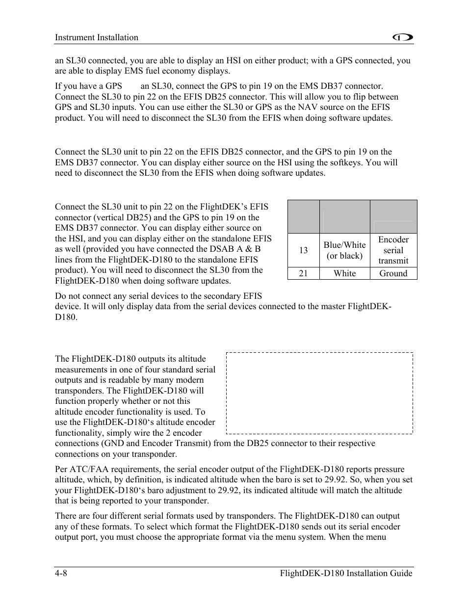 If you own only a flightdek-d180, If you own a flightdek-d180 and an efis, Altitude encoder wiring | Altitude encoder wiring -8 | Dynon Avionics FlightDEK-D180 Installation Guide User Manual | Page 46 / 154