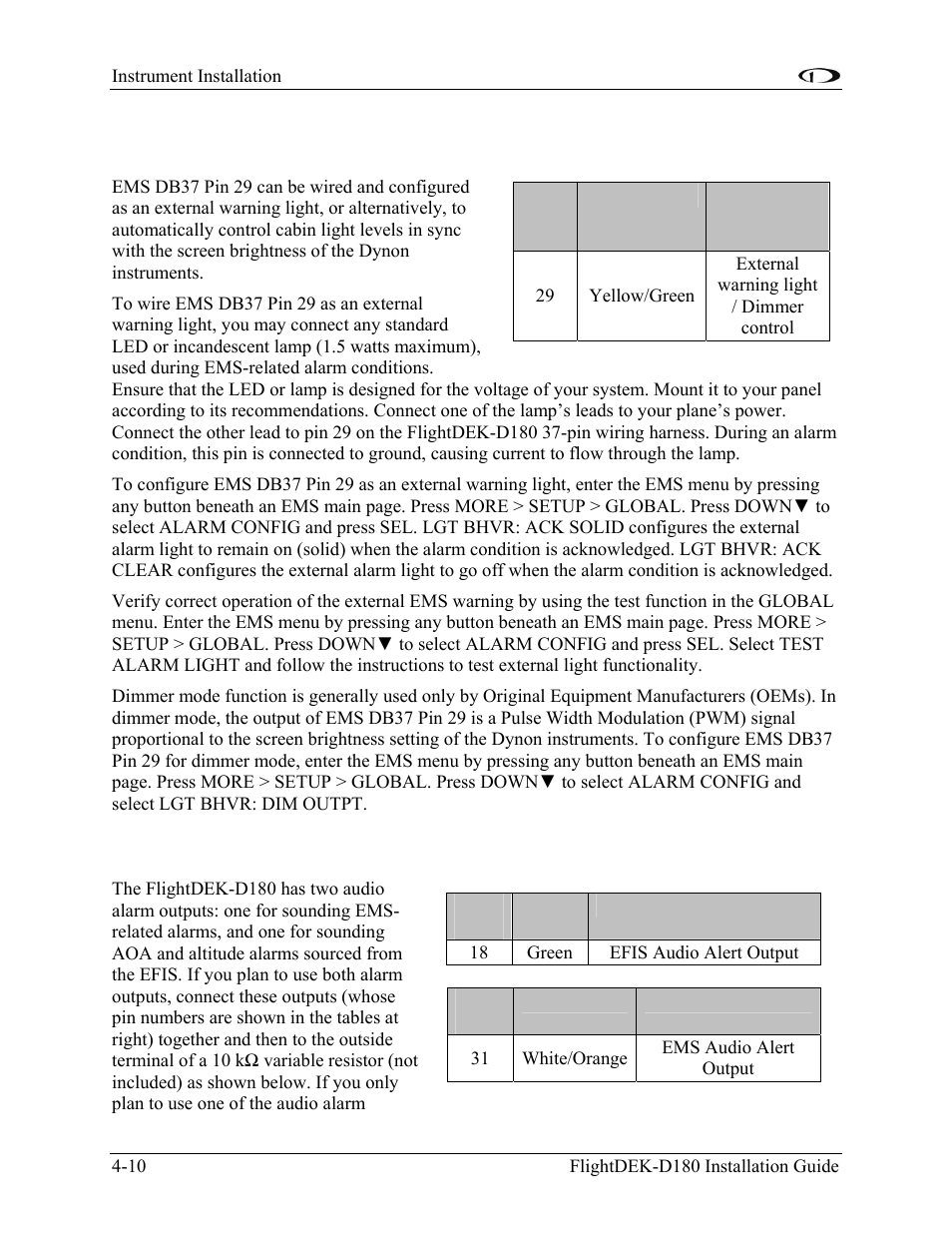 External ems warning light, Audio alert outputs, External ems warning light -10 | Audio alert outputs -10 | Dynon Avionics FlightDEK-D180 Installation Guide User Manual | Page 48 / 154