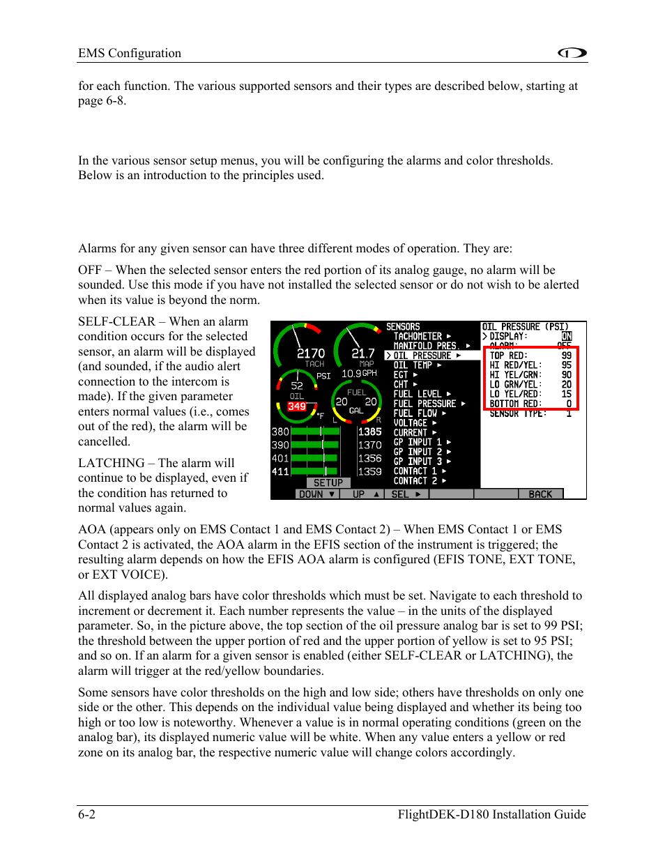 Alarm and color threshold configuration, Alarm and color threshold configuration -2 | Dynon Avionics FlightDEK-D180 Installation Guide User Manual | Page 60 / 154