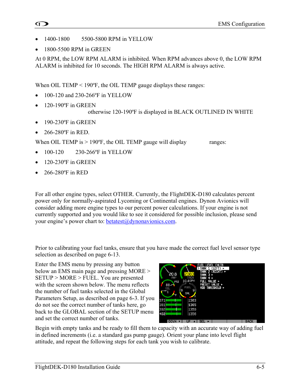 Engine type: other, Fuel level calibration, Fuel level calibration -5 | Dynon Avionics FlightDEK-D180 Installation Guide User Manual | Page 63 / 154