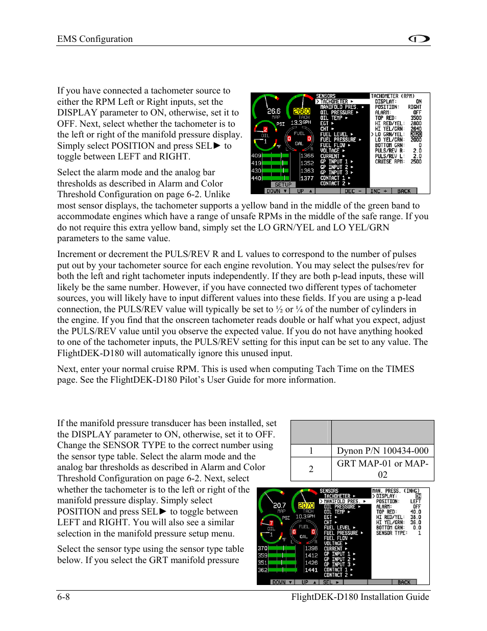 Tachometer, Manifold pressure, Tachometer -8 | Manifold pressure -8 | Dynon Avionics FlightDEK-D180 Installation Guide User Manual | Page 66 / 154