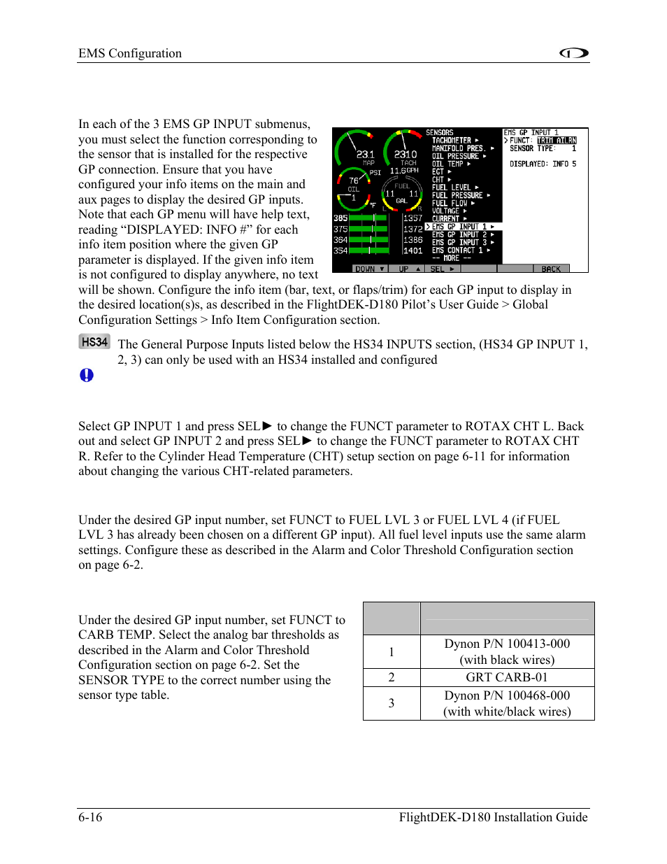 General purpose inputs, Rotax cht, Resistive fuel level | Carburetor temperature, General purpose inputs -16 | Dynon Avionics FlightDEK-D180 Installation Guide User Manual | Page 74 / 154