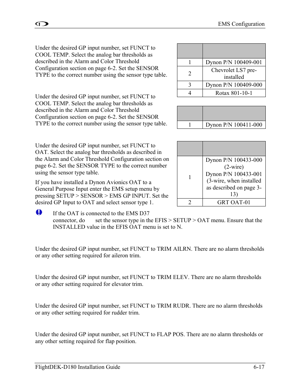 Coolant temperature, Coolant pressure, Outside air temperature sensor | Aileron trim, Elevator trim, Rudder trim, Flap position | Dynon Avionics FlightDEK-D180 Installation Guide User Manual | Page 75 / 154