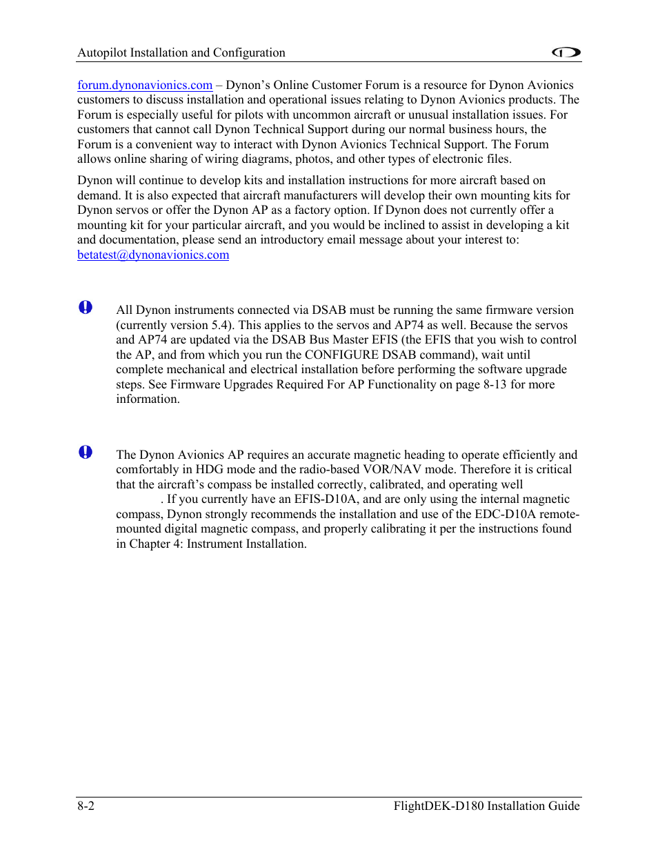 Dsab firmware compatibility, Compass calibration critical for certain ap modes, Dsab firmware compatibility -2 | Dynon Avionics FlightDEK-D180 Installation Guide User Manual | Page 86 / 154