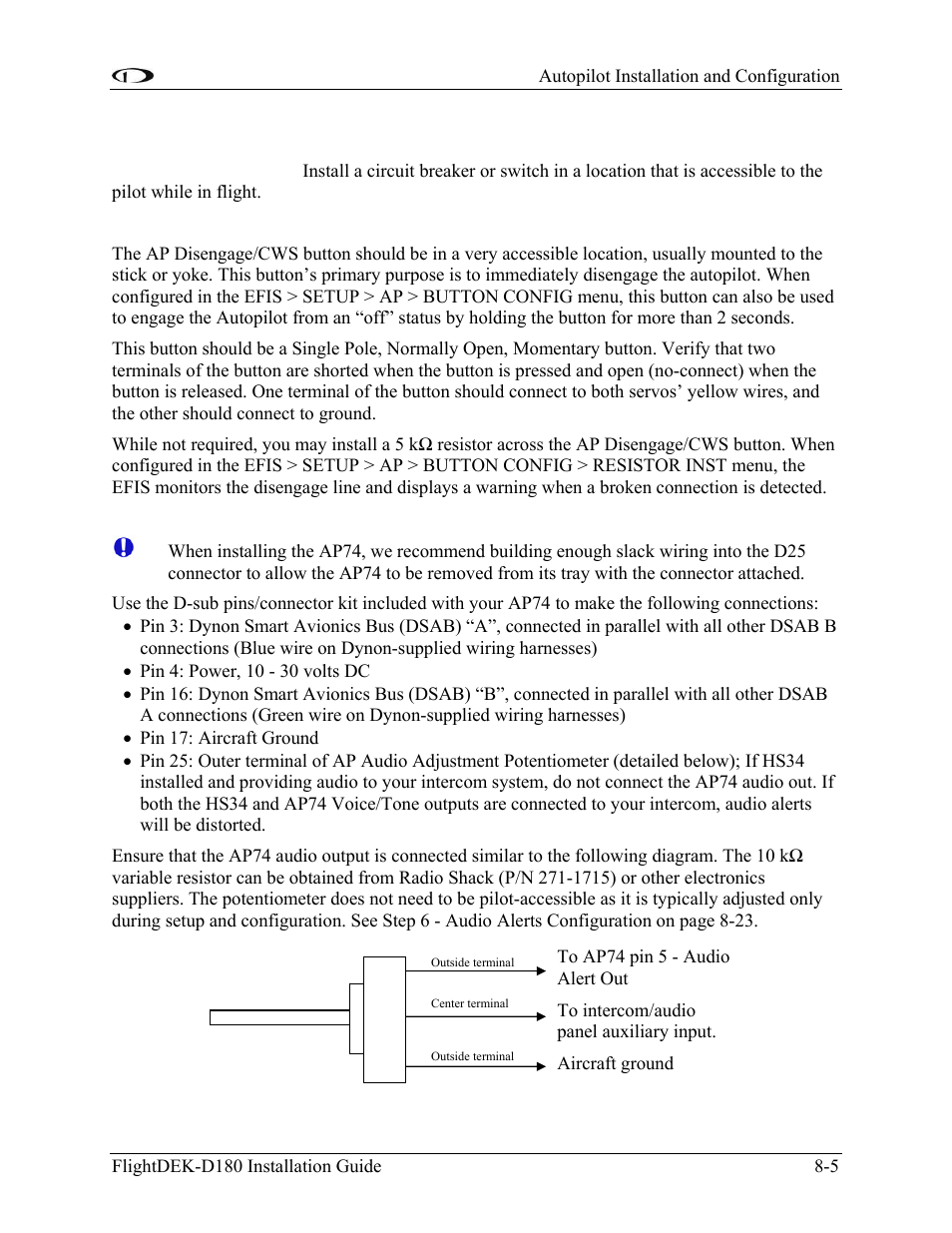 Ap controls electrical installation, Ap74 electrical installation | Dynon Avionics FlightDEK-D180 Installation Guide User Manual | Page 89 / 154