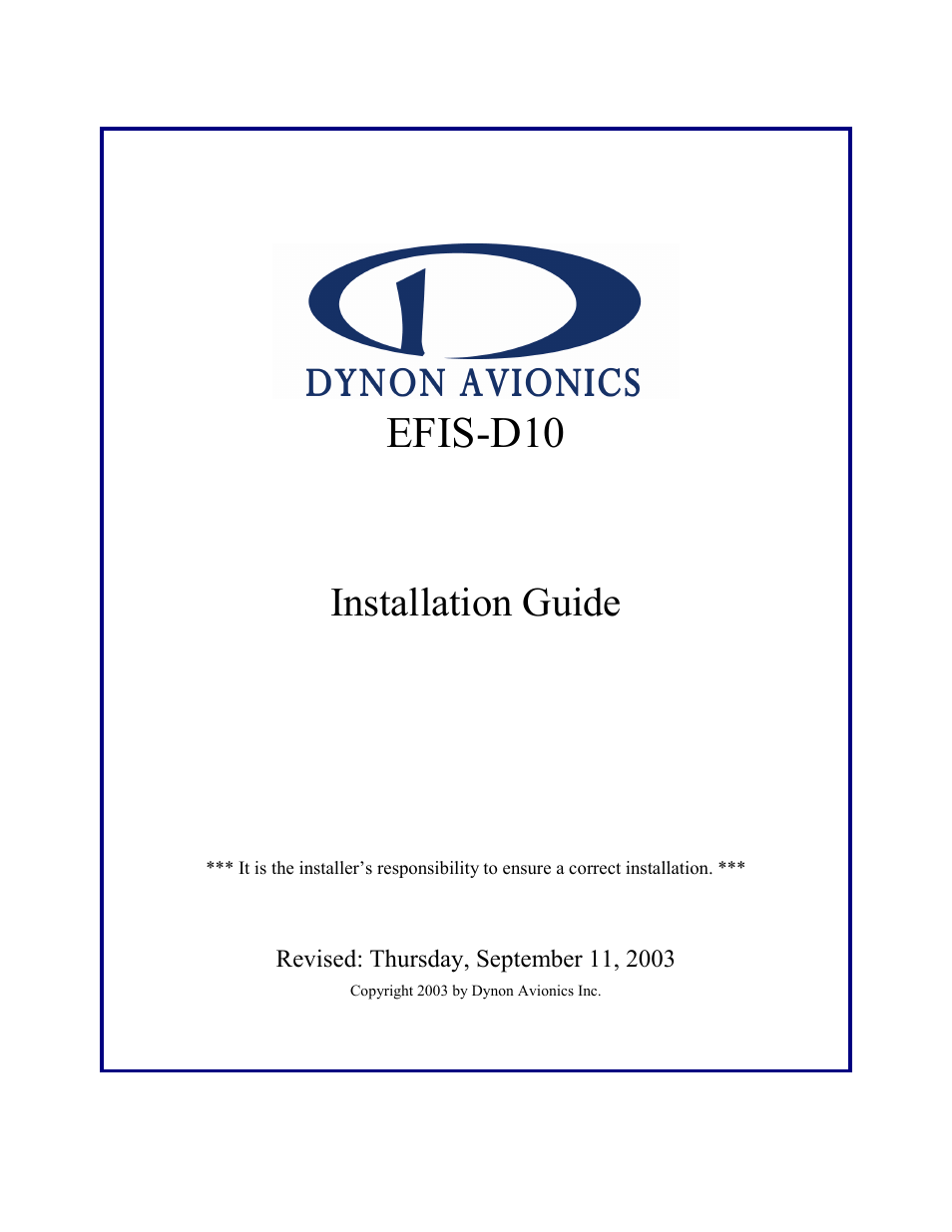 Dynon Avionics EFIS-D10 Installation Guide User Manual | 24 pages