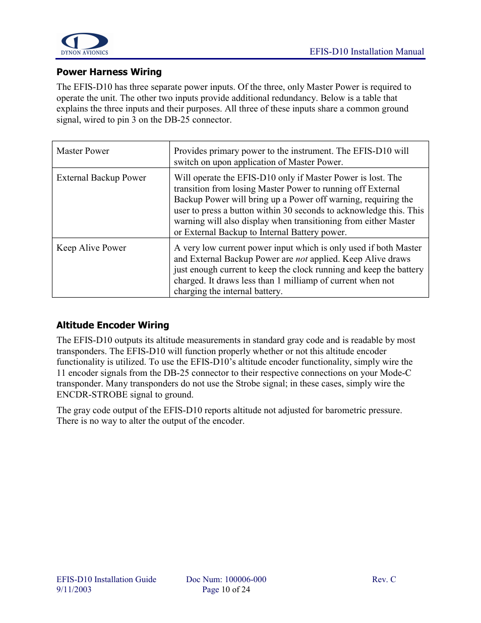 Power harness wiring, Altitude encoder wiring, Power harness wiring altitude encoder wiring | Dynon Avionics EFIS-D10 Installation Guide User Manual | Page 10 / 24