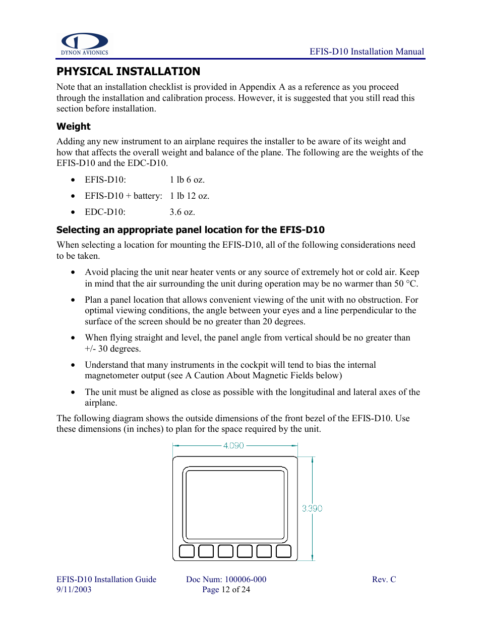 Physical installation, Weight | Dynon Avionics EFIS-D10 Installation Guide User Manual | Page 12 / 24